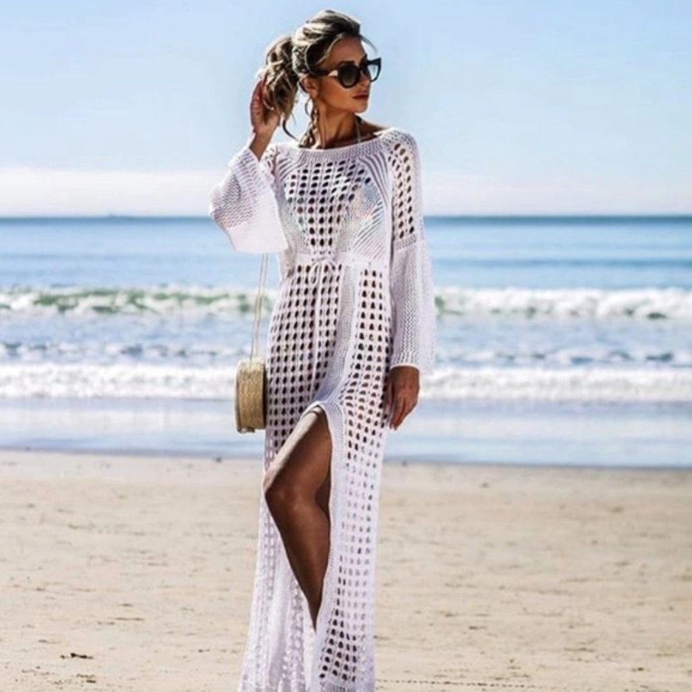 New White Chrochet Cover Up Long Dress with Slit - Picture 3 of 7